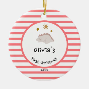 Rosa Baby Dino   Första jul Red Rand Chic Julgransprydnad Keramik