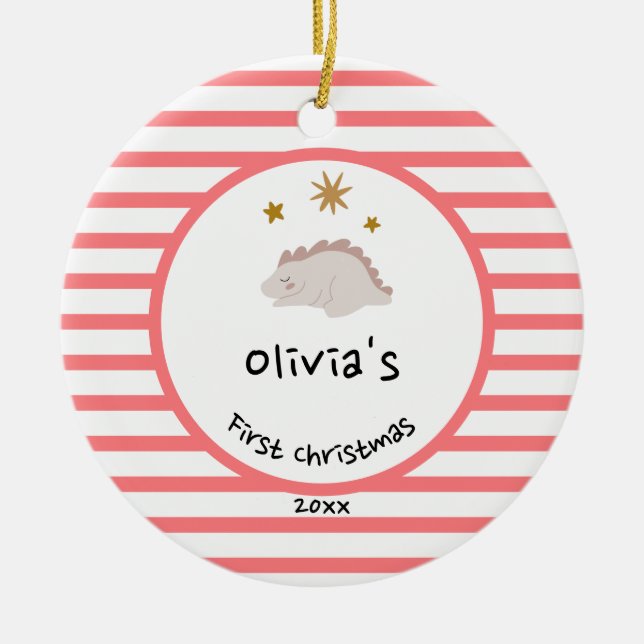 Rosa Baby Dino | Första jul Red Rand Chic Julgransprydnad Keramik (Framsidan)