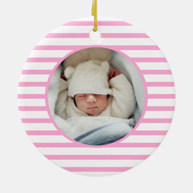 Rosa Baby Dino | Första juldagen Rosa Rand Chic Julgransprydnad Keramik (Baksidan)