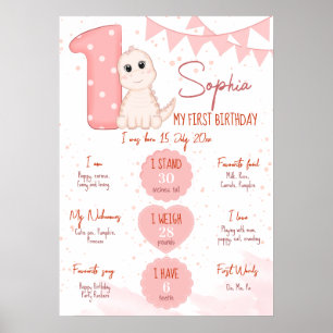 Rosa baby dinosauer Mittpapp för första födelsedag Poster
