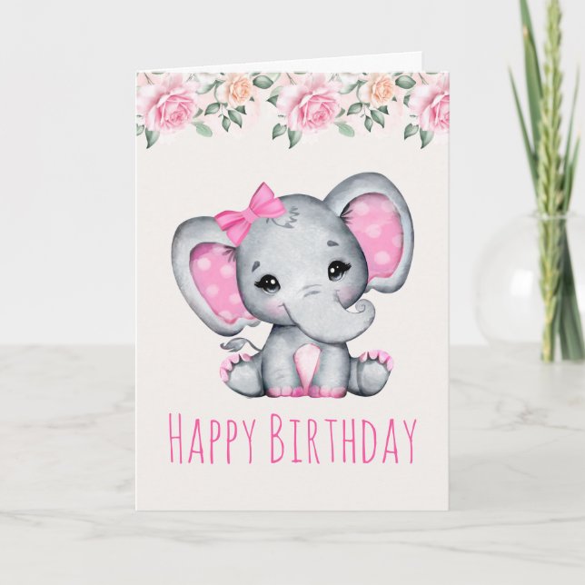 Rosa baby elefant och rosor kant födelsedagskort kort (Framsida)