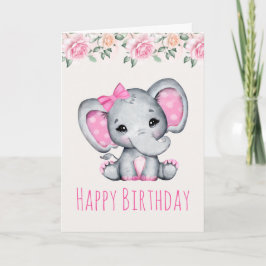 Rosa baby elefant och rosor kant födelsedagskort kort