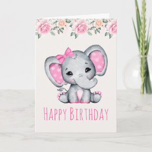 Rosa baby elefant och rosor kant födelsedagskort kort