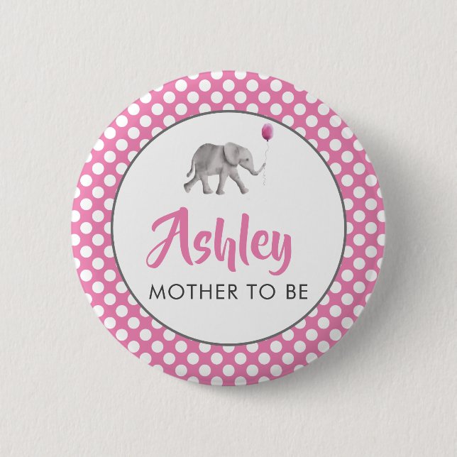 Rosa Baby Elephant Baby Shower Namn bricka Pin Knapp (Framsida)