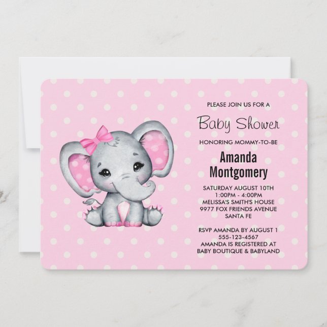 Rosa Baby Elephant med Polka dots Baby Shower Inbjudningar (Framsida)