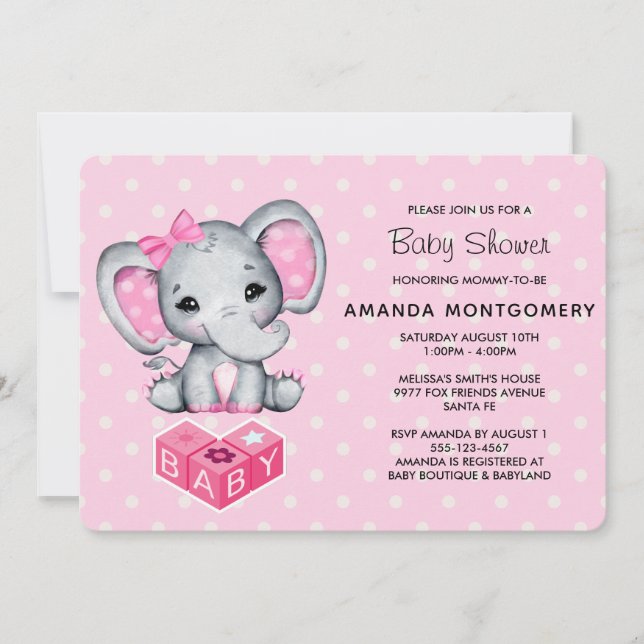 Rosa Baby Elephant med Polka dots Baby Shower Inbjudningar (Framsida)