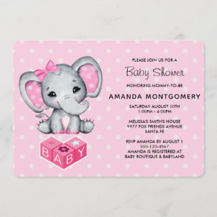 Rosa Baby Elephant med Polka dots Baby Shower Inbjudningar