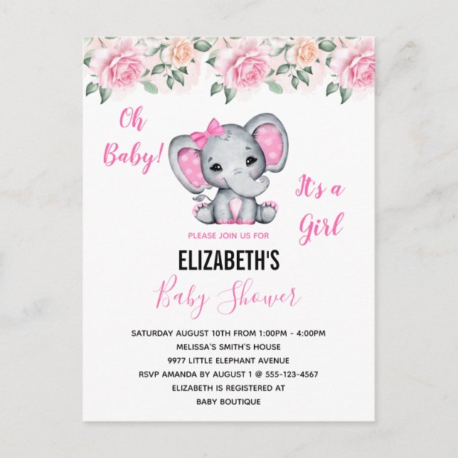Rosa Baby Elephant och Ro Gräns Baby Shower Inbjudan Vykort (Framsida)