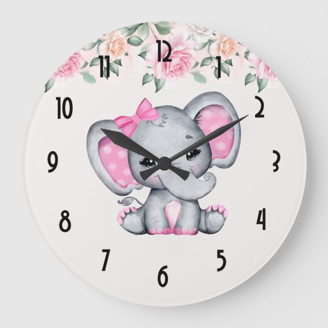 Rosa Baby Elephant och Rosor Gräns Stor Klocka (Framsida)