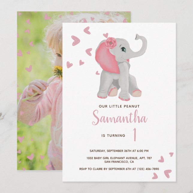  Rosa Baby Elephant Watercolor 1:a födelsedagen I Inbjudningar (Fram/baksida)