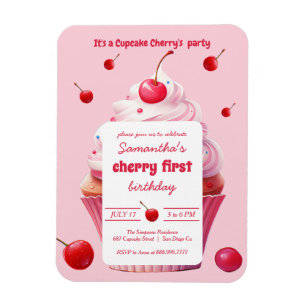 Rosa Baby First Cherry & Cupkaka Födelsedagsfest Magnet