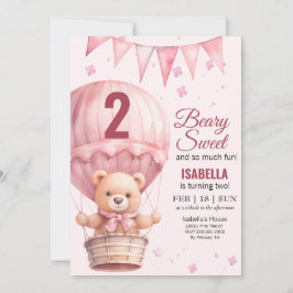Rosa Baby Flicka Luftballong Teddybjörn Födelsedag Inbjudningar
