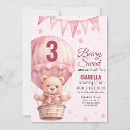 Rosa Baby Flicka Luftballong Teddybjörn Födelsedag Inbjudningar