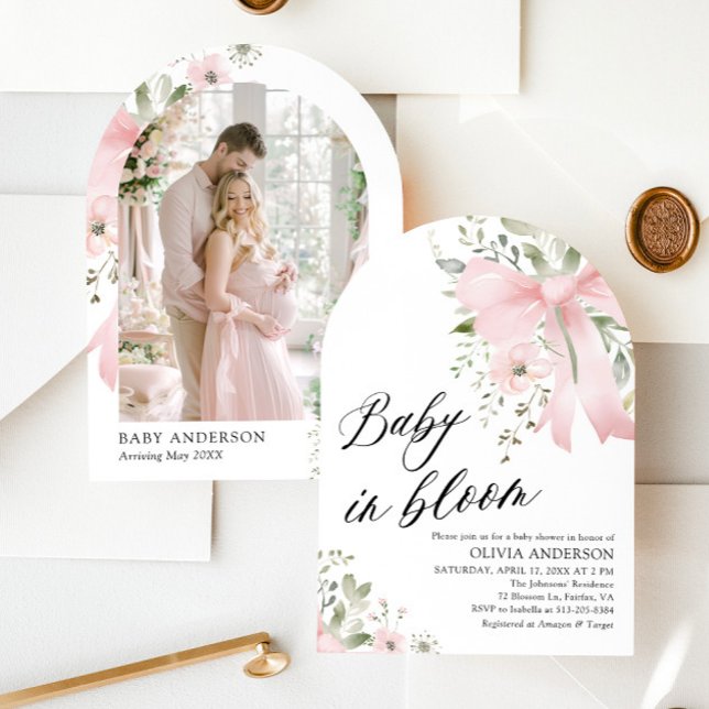 Rosa baby i blom Floral babyfirande båge Inbjudningar (Watercolor Cute Pink Bow Baby in Bloom Floral Girl Arch Baby Shower Invitation)