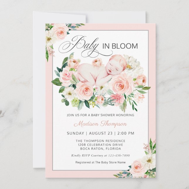  Rosa Baby i Bloom Blommigt Baby Shower Inbjudningar (Framsida)