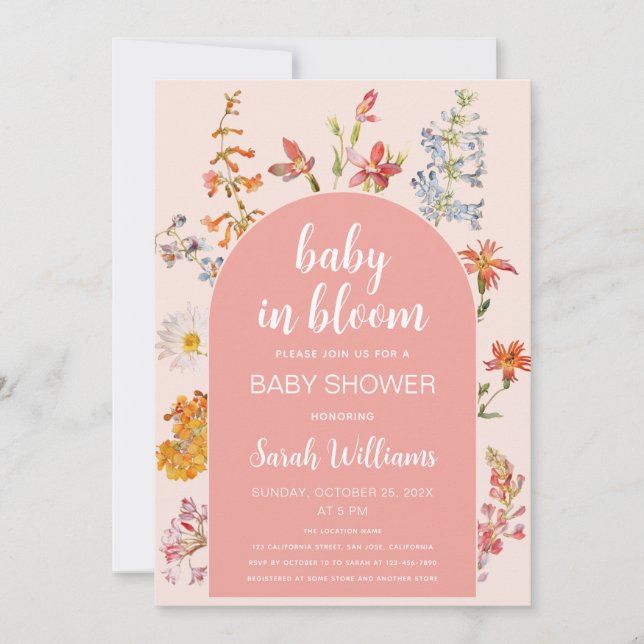 Rosa Baby i Bloom Blommigt Girl Shower Wildblommor Inbjudningar (Framsida)