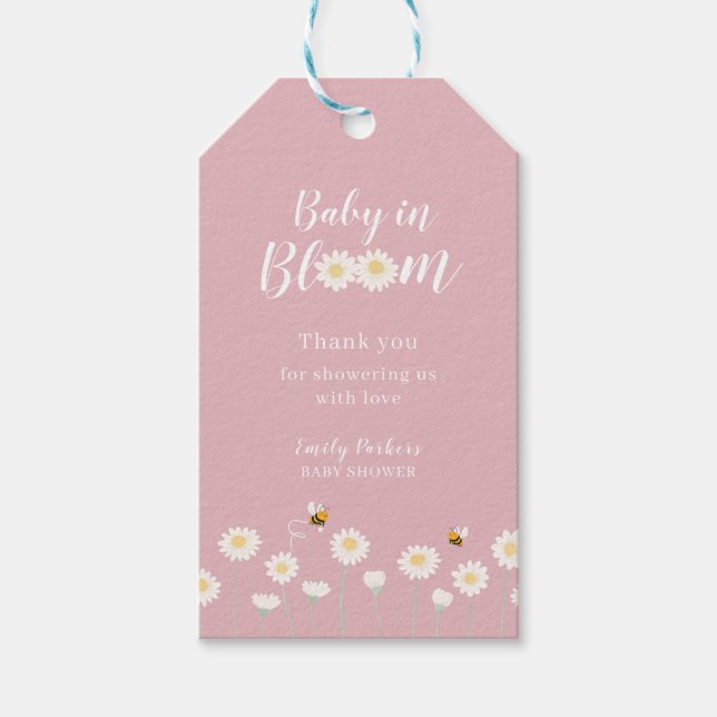 Rosa Baby i Bloom Daisy Baby Shower Tack Presentetikett (Framsidan)