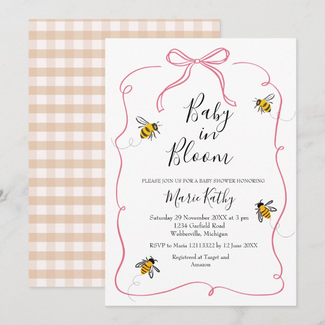 Rosa Baby i Bloom Rustic Bee Daisy Call Inbjudningar (Fram/baksida)