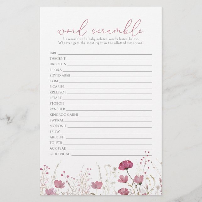 Rosa Baby i Bloom Wildblomme Ord Scramble Game (Framsida)