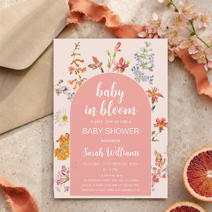 Rosa Baby in Bloom Blommig Flickas Babyshower med Inbjudningar