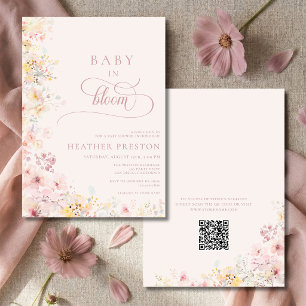 Rosa Baby In Bloom QR-kod Baby Shower-inbjudan Inbjudningar