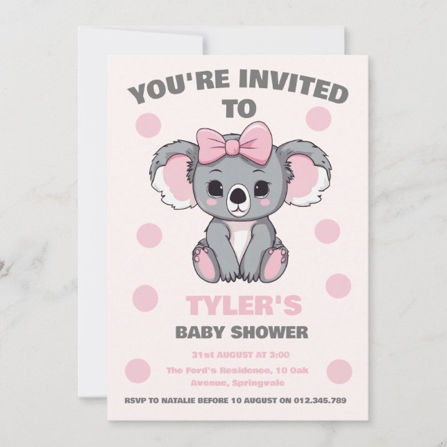 Rosa Baby Koala Bear Inbjudningar (Framsida)