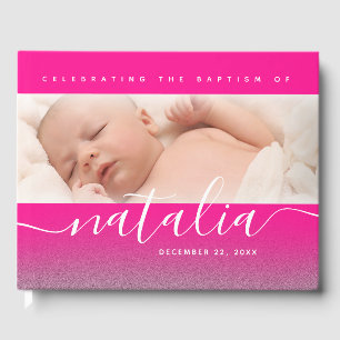 Rosa Baby Photo Baptism Christening Kor Glitter Gästböcker