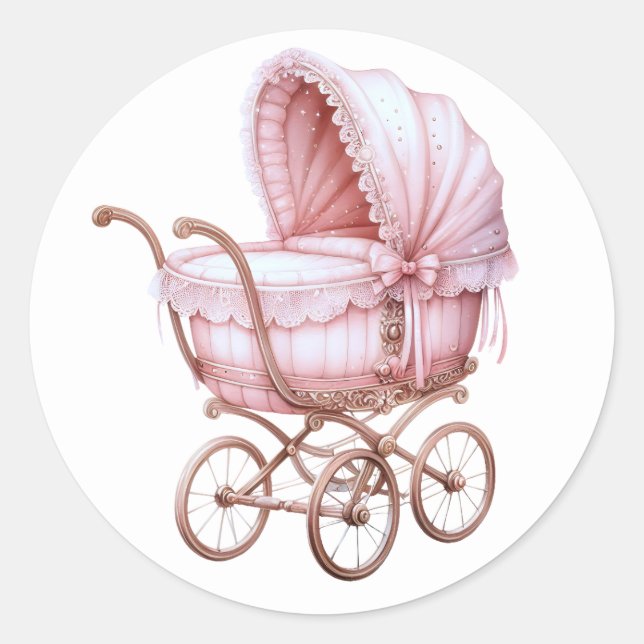Rosa Baby Pram Stickers Runt Klistermärke (Framsida)