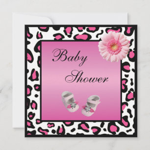 Rosa Baby Shoes Gerbera & Animal Print Baby Shower Inbjudningar