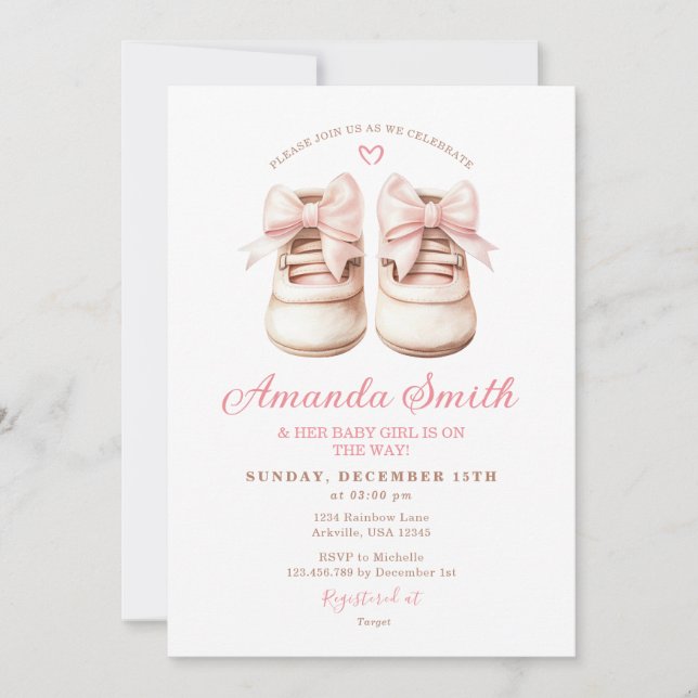  Rosa Baby Shoes Girl Bow Bootys Baby Shower Inbjudningar (Framsida)