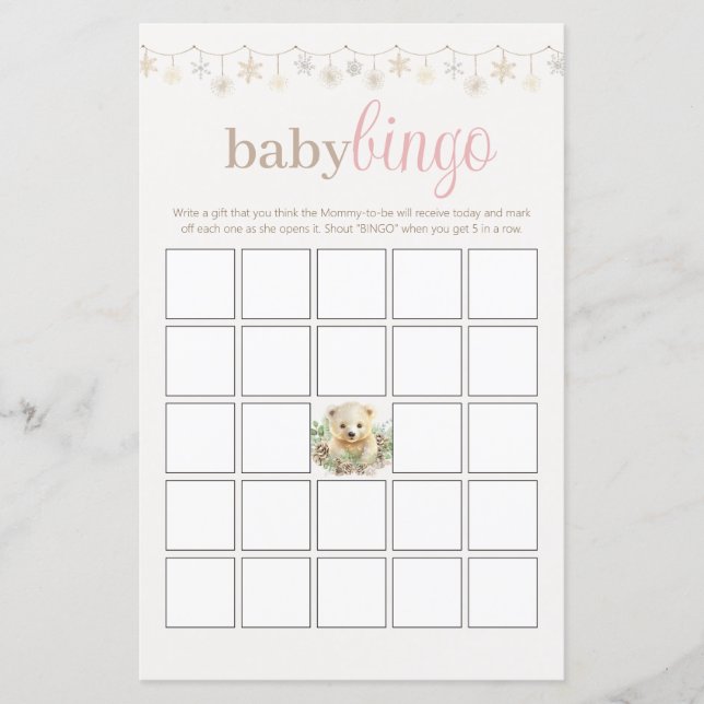 Rosa Baby Shower Bingo Party Game Winter Boho Bear (Framsida)