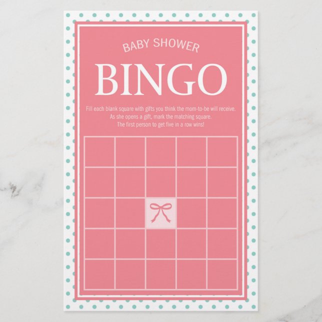 Rosa Baby Shower Bingo Polka dots och Ribbon Brevpapper (Framsida)