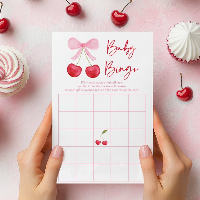 Rosa baby shower Bingo-spel med körsbärstema (Skapare uppladdad)