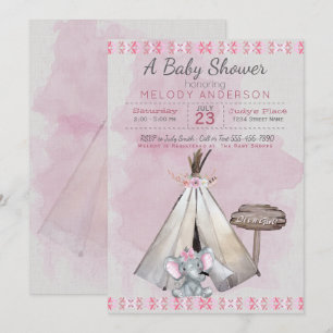 Rosa Baby Shower Boho Baby Elephant & Tipi Inbjudningar
