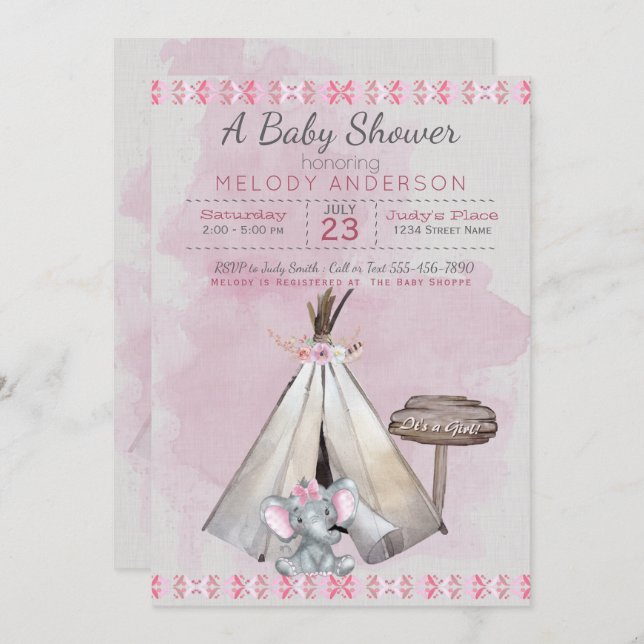 Rosa Baby Shower Boho Baby Elephant & Tipi Inbjudningar (Fram/baksida)
