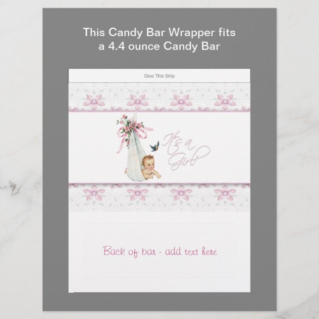 Rosa Baby Shower Candy Pub Wrapper Reklamblad (Framsidan)