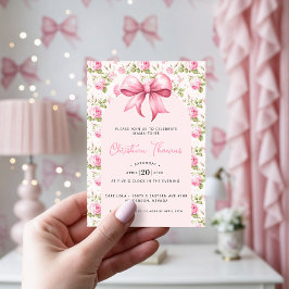 Rosa baby shower-dekoration med rosett inbjudningar