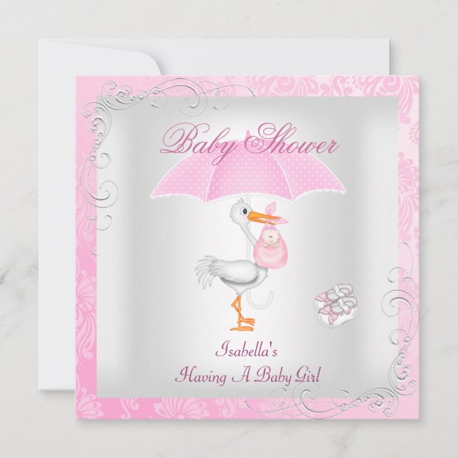 Rosa baby shower flicka paraply Damask Inbjudningar (Framsida)