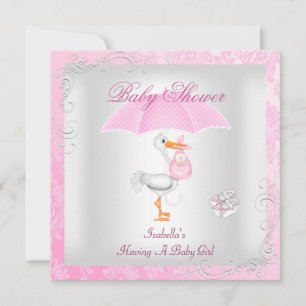 Rosa baby shower flicka paraply Damask Inbjudningar