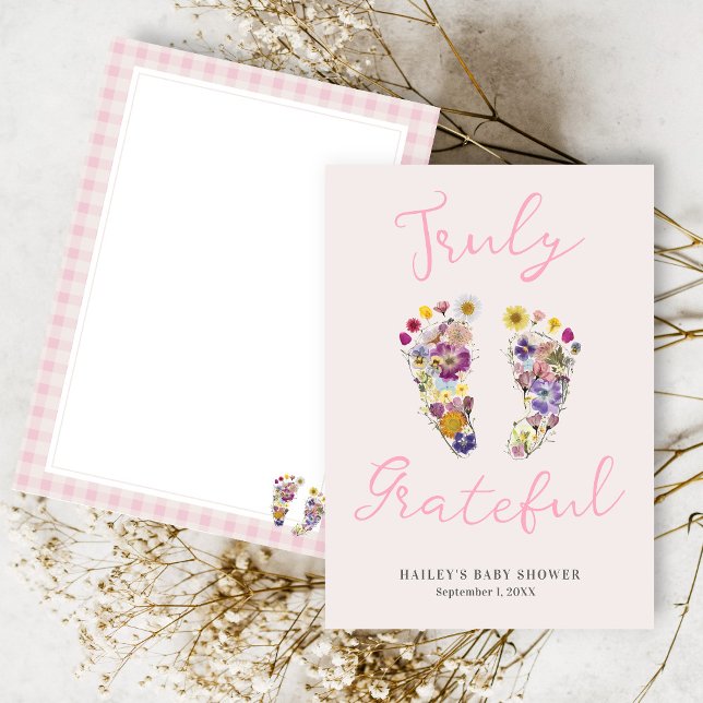 Rosa Baby Shower för cute Wildblommor Tack Kort (Cute pink Truly Grateful pressed wildflower footprints floral girl baby shower flat thank you card)