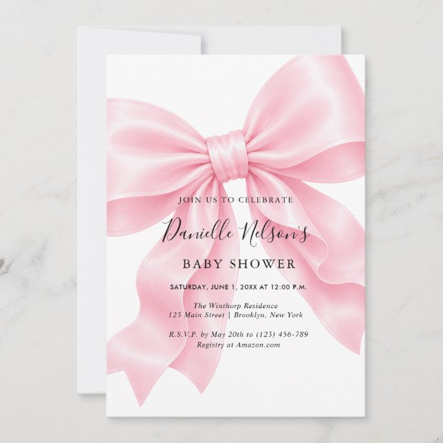 Rosa Baby Shower för Flicka med Rosett Inbjudningar (Framsida)