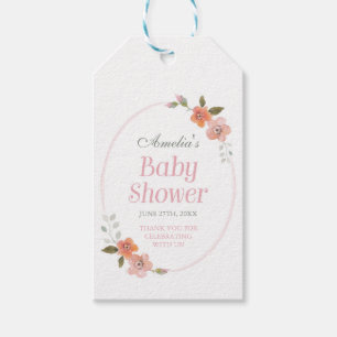 Rosa baby shower för tack med delikat blommigt presentetikett