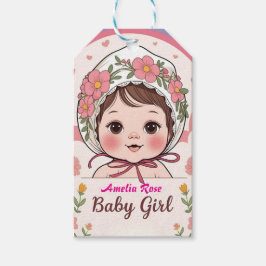 Rosa Baby Shower Gift-Märkre med vattenfärgsblommo Presentetikett