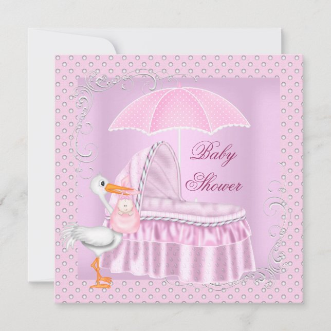 Rosa Baby Shower Girl Umbrella Bassinette Inbjudningar (Framsida)
