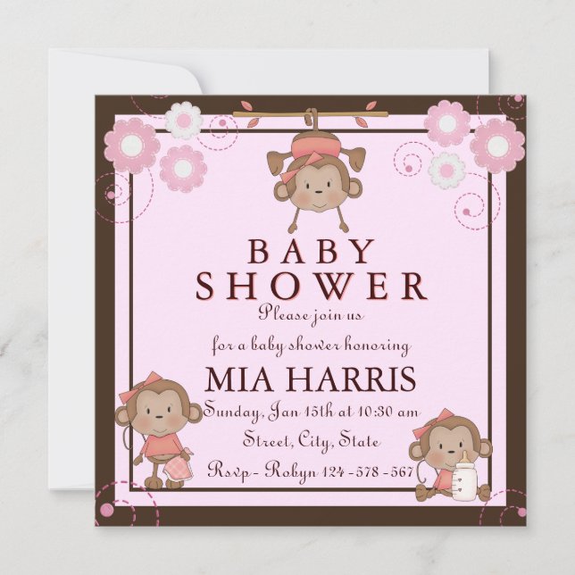 Rosa Baby Shower-inbjudan för apa Inbjudningar (Framsida)