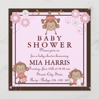 Rosa Baby Shower-inbjudan för apa Inbjudningar