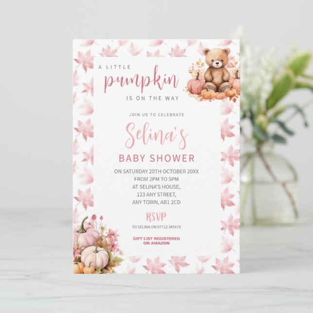 Rosa Baby Shower-inbjudan för Liten Pumpa, Hösttem Inbjudningar (Stående Fram)