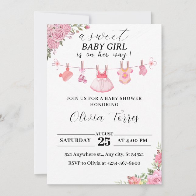 Rosa Baby Shower Inbjudan med Clothesline for Girl (Framsida)