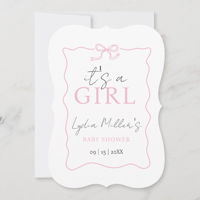 Rosa baby shower-inbjudan med rosett, flicka (Framsida)