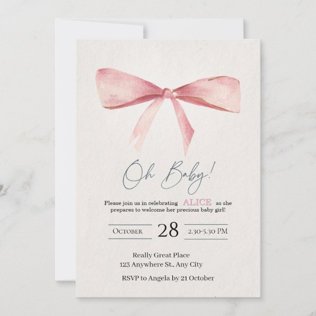 Rosa baby shower-inbjudan med rosett inbjudningar (Framsida)